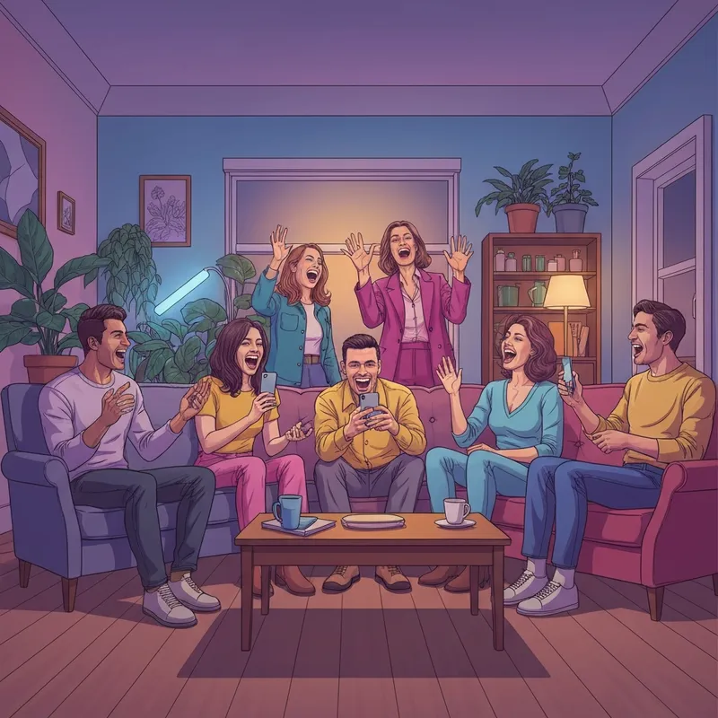 A group of young friends laughing while using dumb questions to ask your friends to break the ice in a cozy apartment.