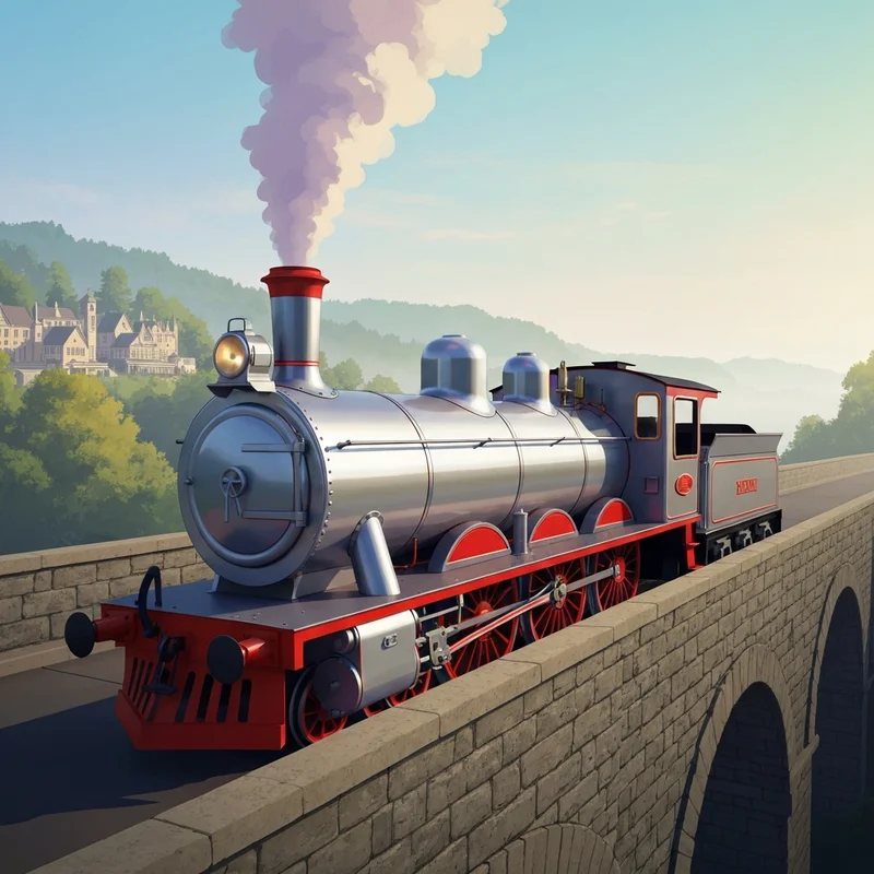 A detailed 3D render of Stanley from Thomas and Friends on a scenic stone bridge.