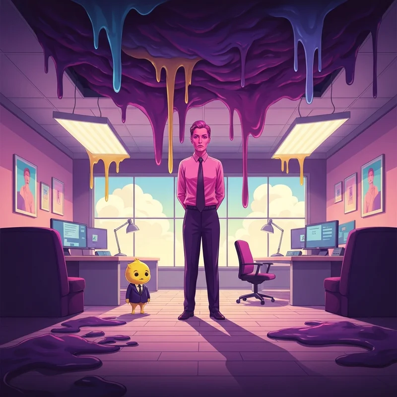 A surreal office scene inspired by the smiling friends we are so fucked meme with characters reacting to chaos.