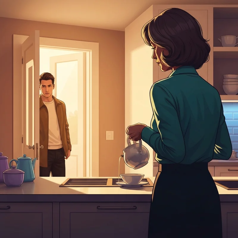 A sophisticated kitchen scene representing the psychological tension of the hot mom and friend dynamic.