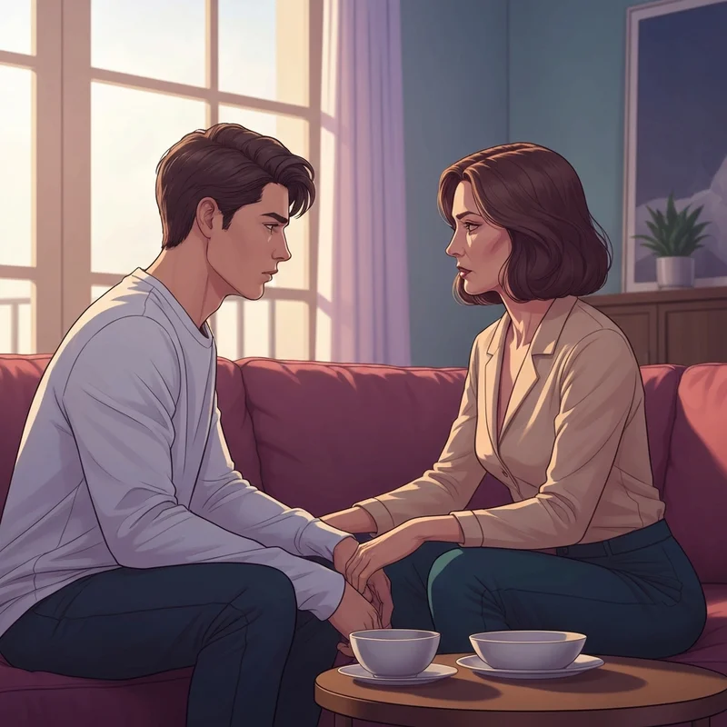 Two characters sitting close on a sofa, illustrating the psychological tension of the Childhood Friend Complex.