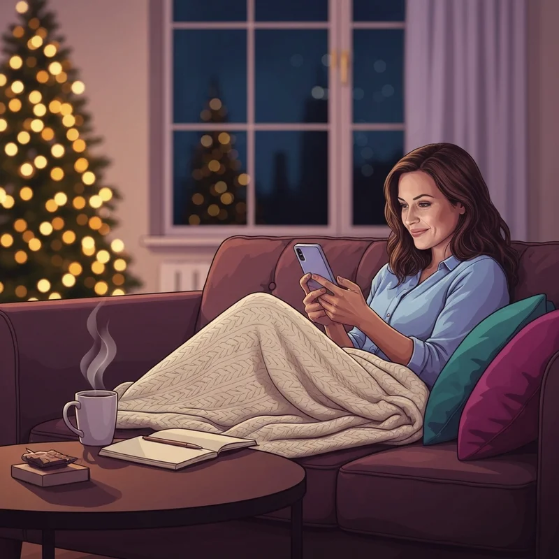 A woman thoughtfully crafting personalized christmas wishes for friends on her smartphone in a cozy holiday setting.