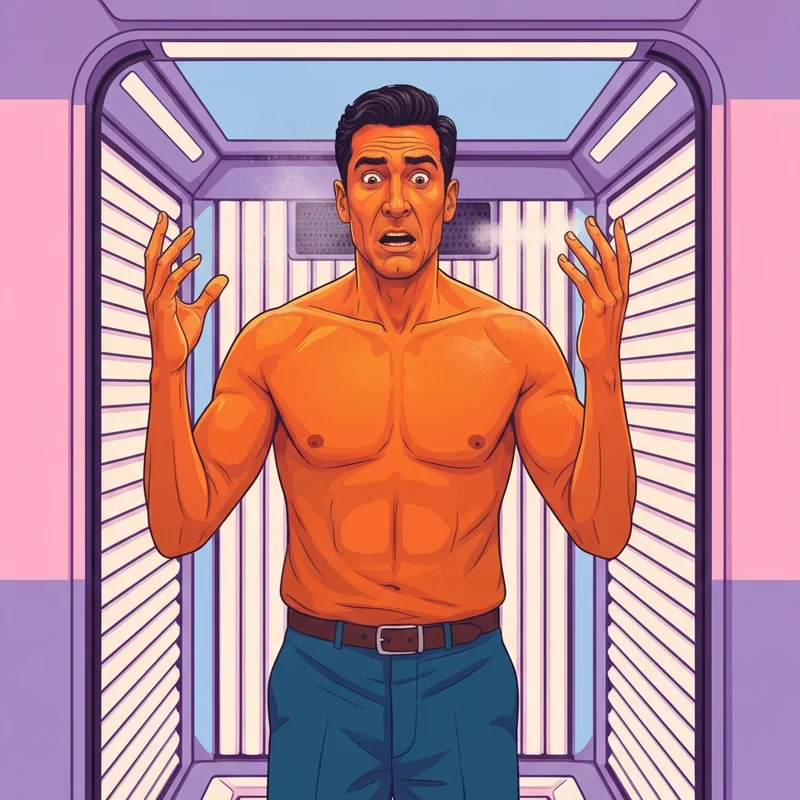 A recreation of the ross spray tan on friends disaster showing a man in a tanning booth.