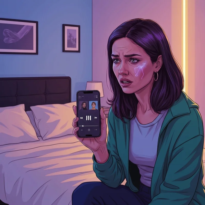 A young woman searching for your friends hunxho lyrics on her phone in a moody urban setting.