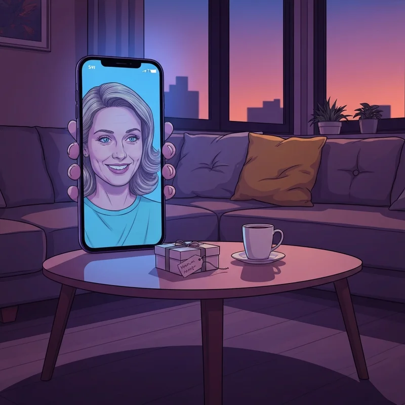 A woman using her phone to send a tag of friends notification in a cozy room.