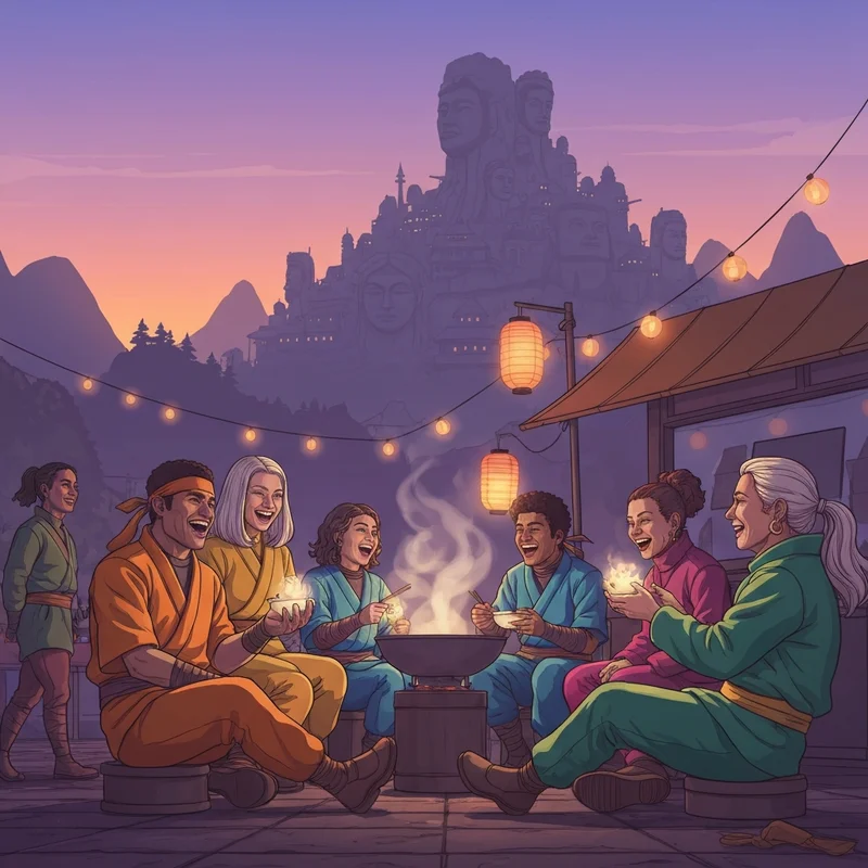 A group representing naruto and friends eating together at Ichiraku Ramen in the Hidden Leaf Village.