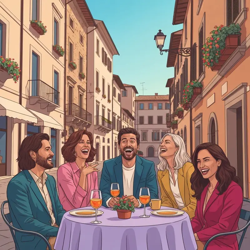 A group of young adults laughing together in a sun-drenched Italian piazza, illustrating how to find a true friend in italian.