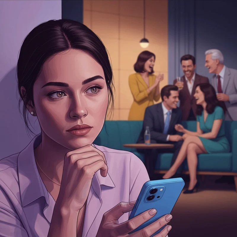 A young woman looking concerned at her phone while someone spreading gossip about a friend happens in the background.
