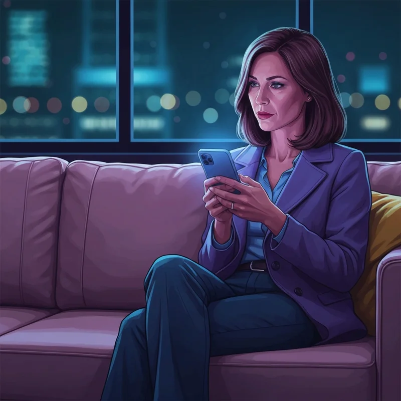 A young woman thoughtfully reading an Adult Friend Finder review on her phone in a neon-lit room.