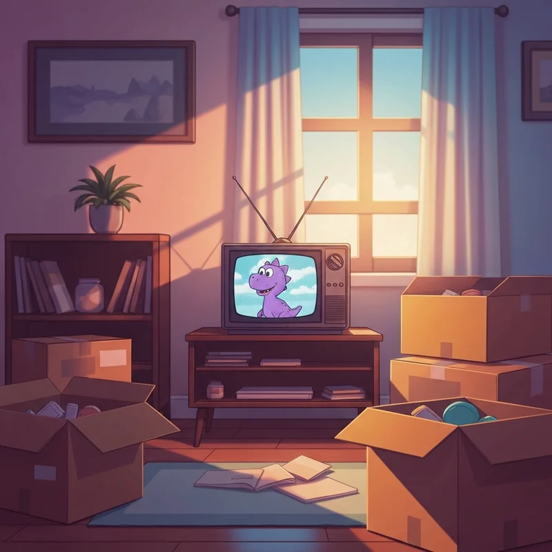A nostalgic 90s living room scene referencing barney and friends on the move with packing boxes.
