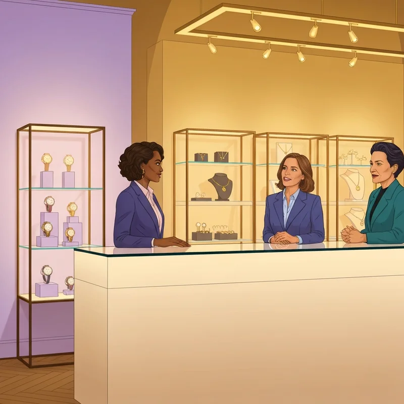 A woman confidently negotiating at a friendly pawn shop for a collateral loan.