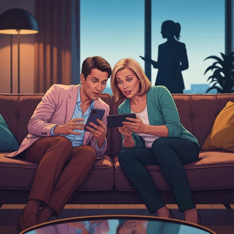 A couple discussing the friend sharing wife dynamic while looking at a smartphone in a modern living room.