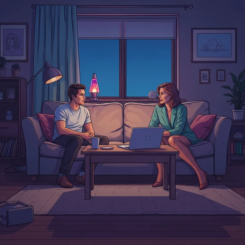 Two friends sitting in a cozy room discussing the boundaries of how friends masturbate together.