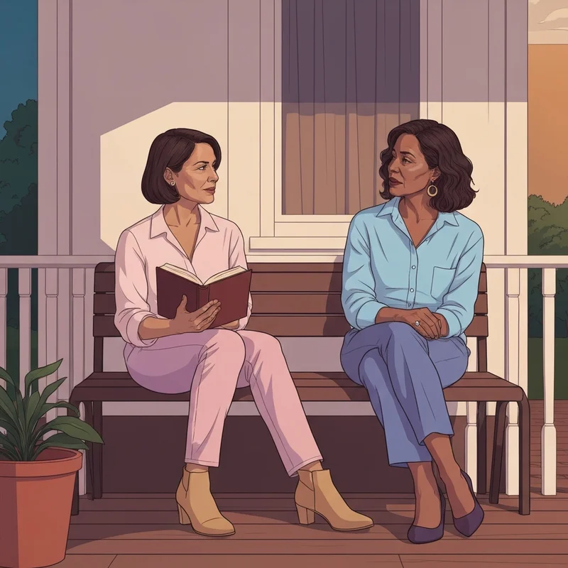 Two women experiencing the deep loyalty of friends in the bible on a peaceful porch.