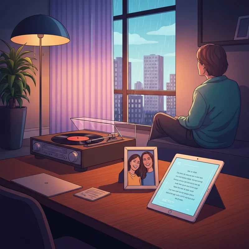 A person reflecting on funeral for a friend lyrics in a moody apartment setting.