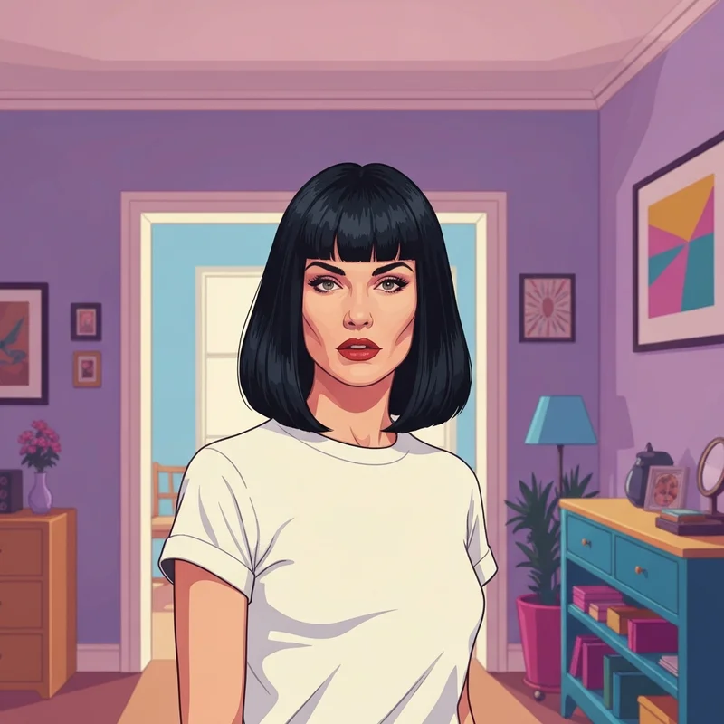 A woman showcasing the iconic monica friends hair bob in a 90s style apartment.