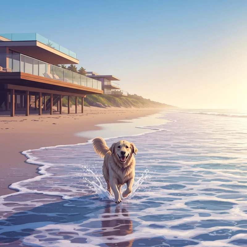 A happy dog running on the shore of a beachfront dog friendly vacation rental at sunrise.