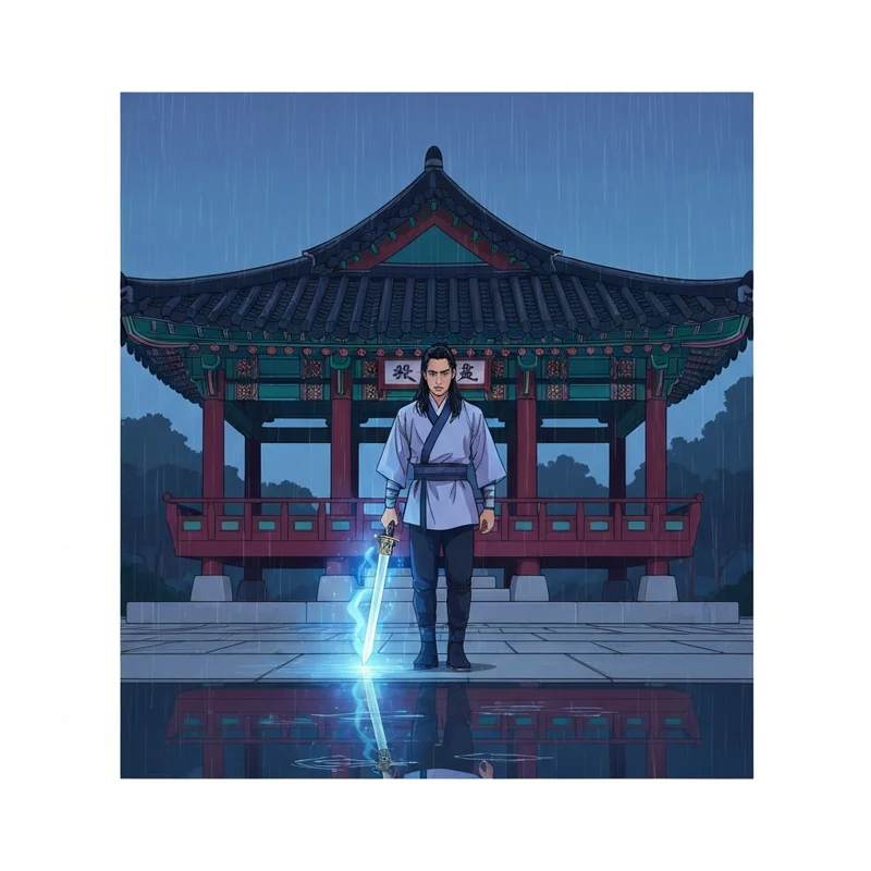A dramatic scene from childhood friend of the zenith featuring a martial artist in a rain-soaked courtyard.