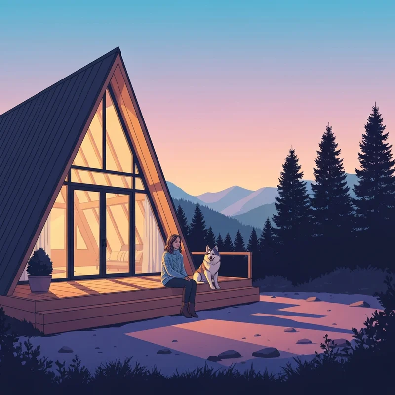 A peaceful scene of a woman and her husky enjoying the view from one of the many dog friendly lodges in the mountains.