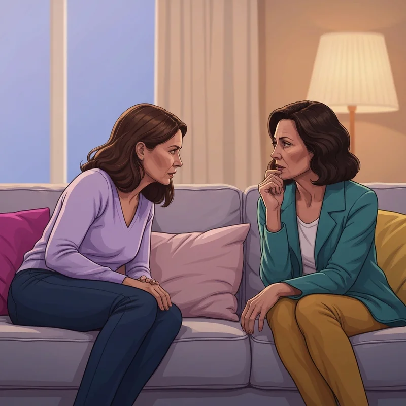 Two friends sharing a moment of emotional support and friend words of encouragement in a cozy home setting.