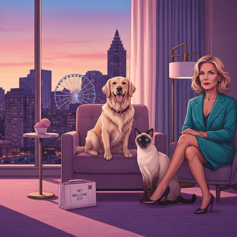 A luxury suite in one of the best pet friendly hotels atlanta has to offer, featuring a dog and cat relaxing comfortably.