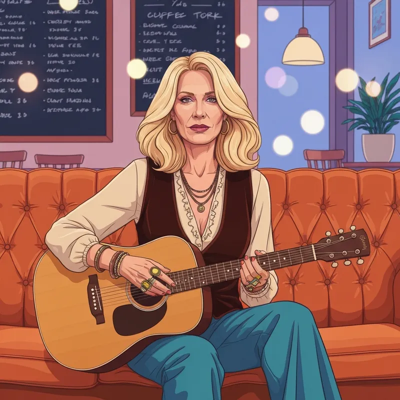 A woman channeling the soulful and quirky energy of friends phoebe singing in a cozy coffee shop.