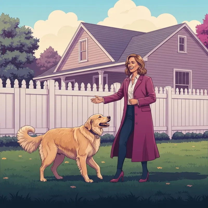 A happy pet parent and her dog in one of the best pet friendly rental houses with a large fenced yard.