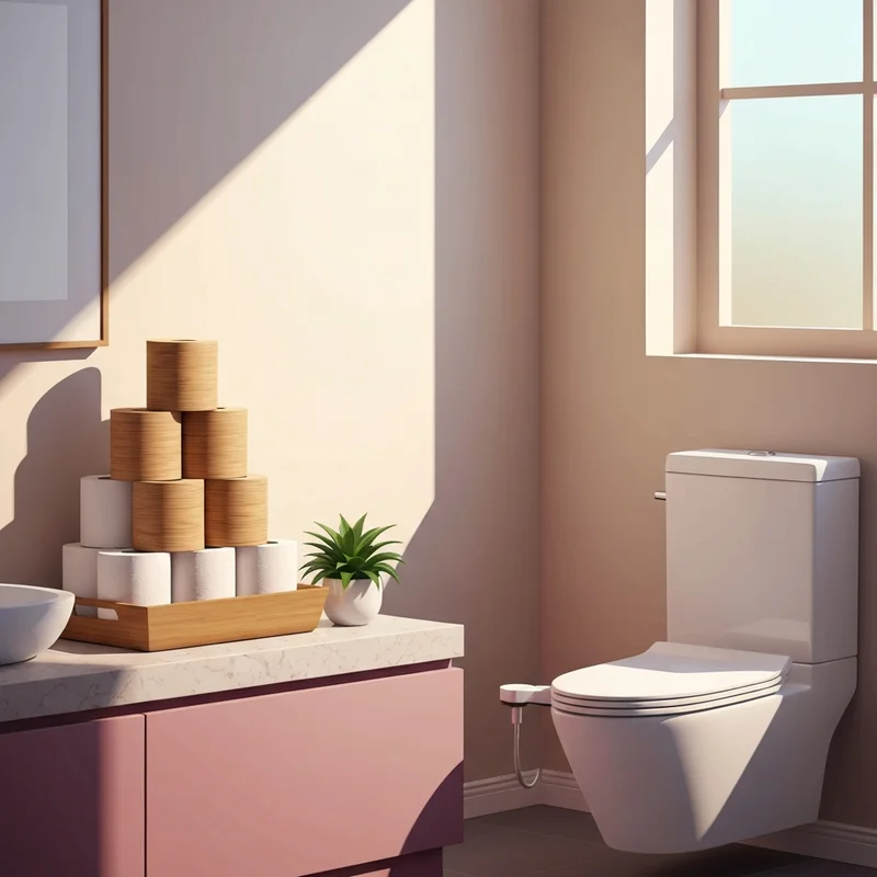 A modern bathroom featuring a toilet paper replacement efficient eco-friendly bidet attachment and bamboo paper.