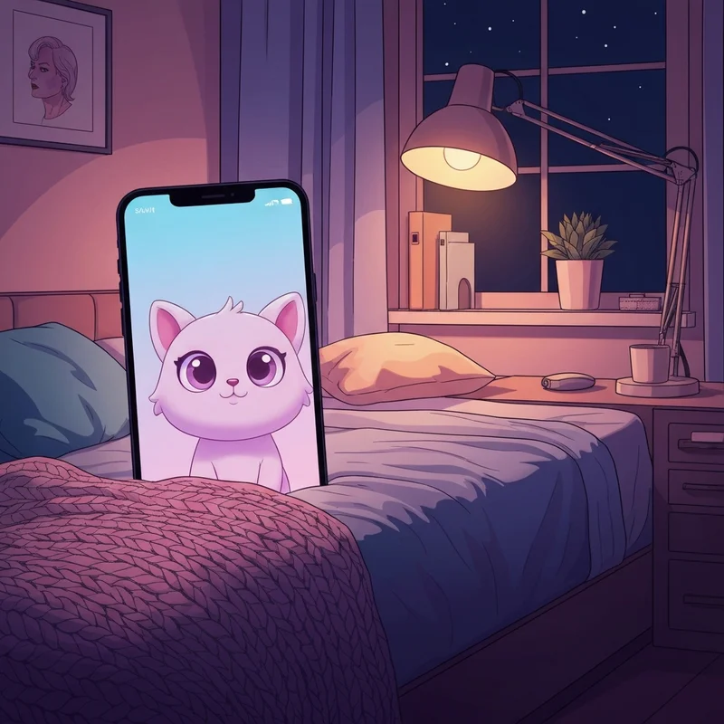 A serene digital sanctuary showing a smartphone with Little Friends on the screen for cozy relaxation.