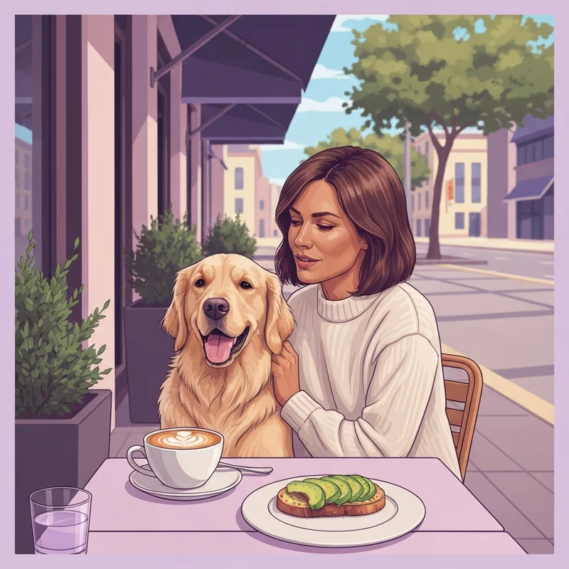 A woman enjoying a pet friendly breakfast near me with her dog on a sunny patio.