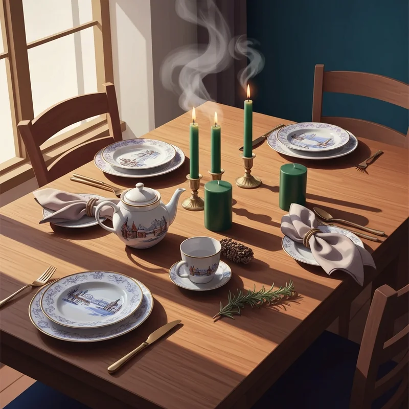 A close-up of a beautifully styled table featuring Johnson Brothers Friendly Village dinnerware and autumn decor.