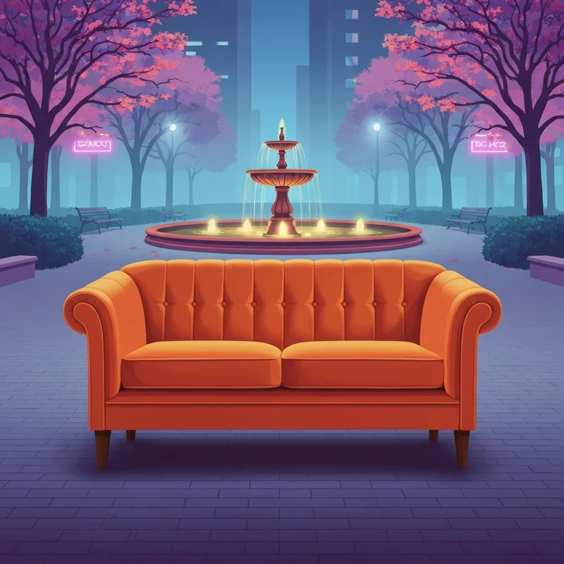 A glowing orange sofa in a park representing the comfort of the friends theme song.
