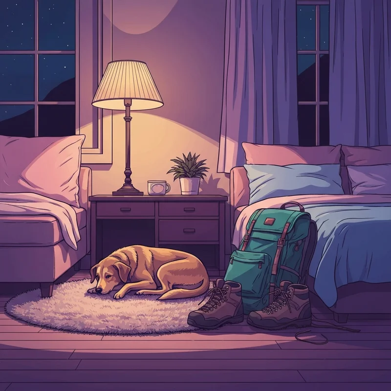 A peaceful dog resting in a dog friendly motel near me during a road trip.