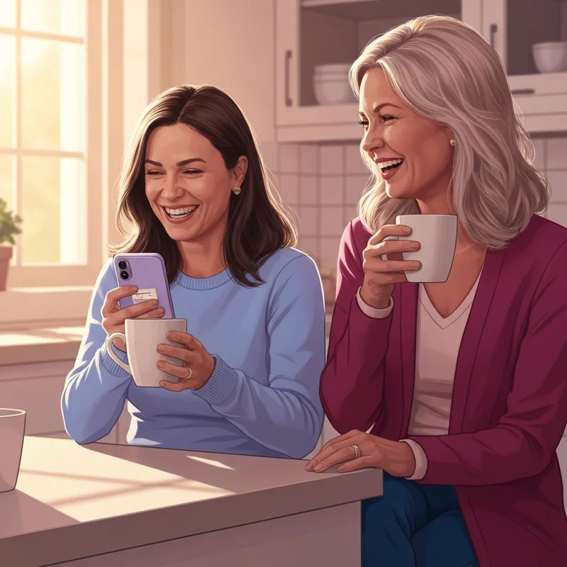Two friends laughing in a kitchen over a mothers day message to a friend