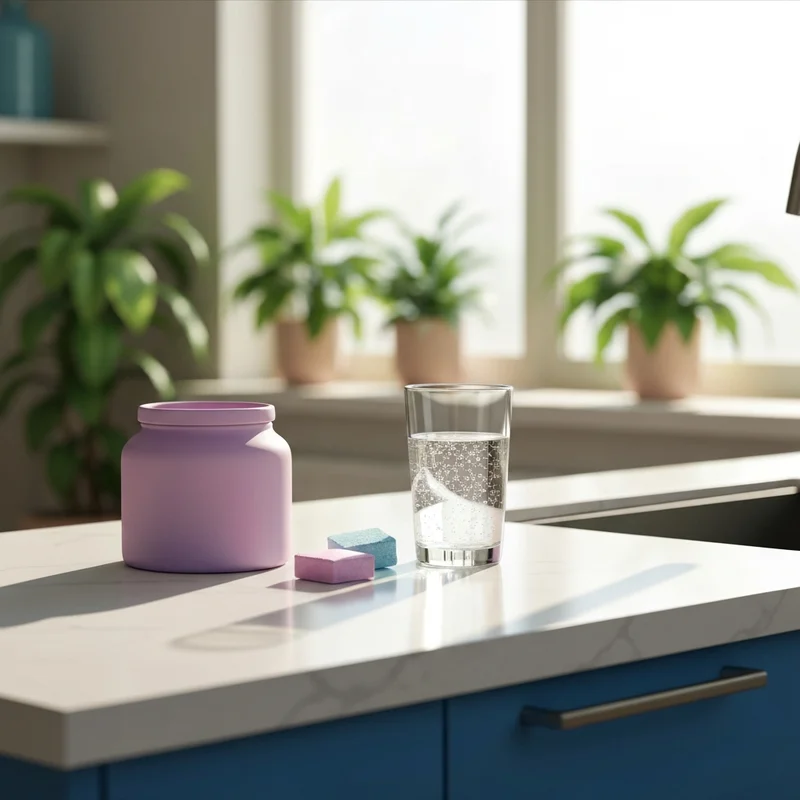 A modern kitchen setup featuring a jar of eco friendly dishwasher tablets on a clean countertop.