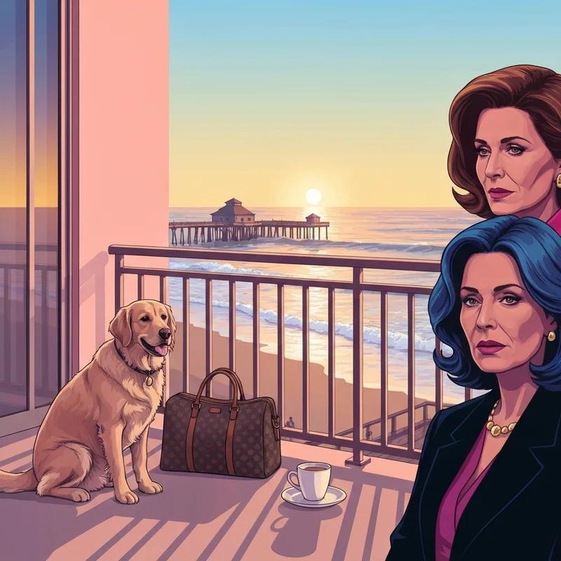 A luxury balcony scene at one of the top hotels pismo beach ca dog friendly featuring a happy dog at sunset.