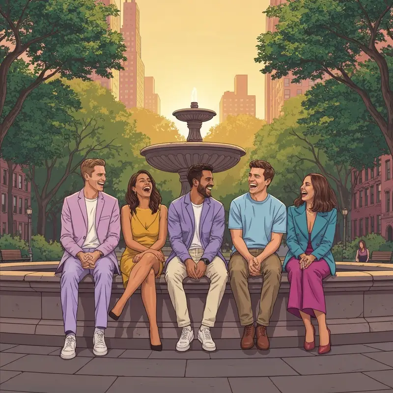 A group of friends laughing near a structure resembling the friends fountain central park at sunset.
