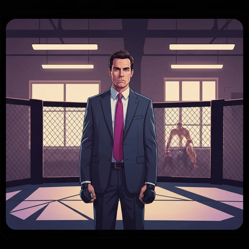 A visual representation of the character played by Jon Favreau in Friends, showing the contrast between his billionaire status and his UFC ambition.