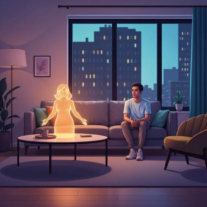 A young adult interacting with their dream companion ai in a cozy, modern living room.