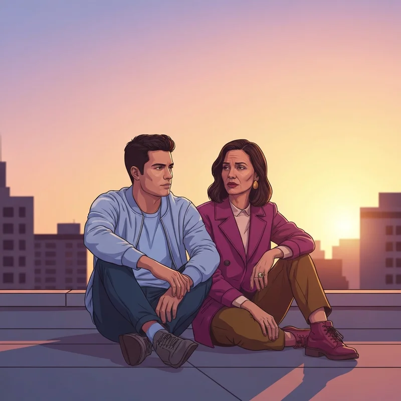 A cinematic shot of two friends on a rooftop illustrating how to get out from the friend zone through subtle body language and eye contact.
