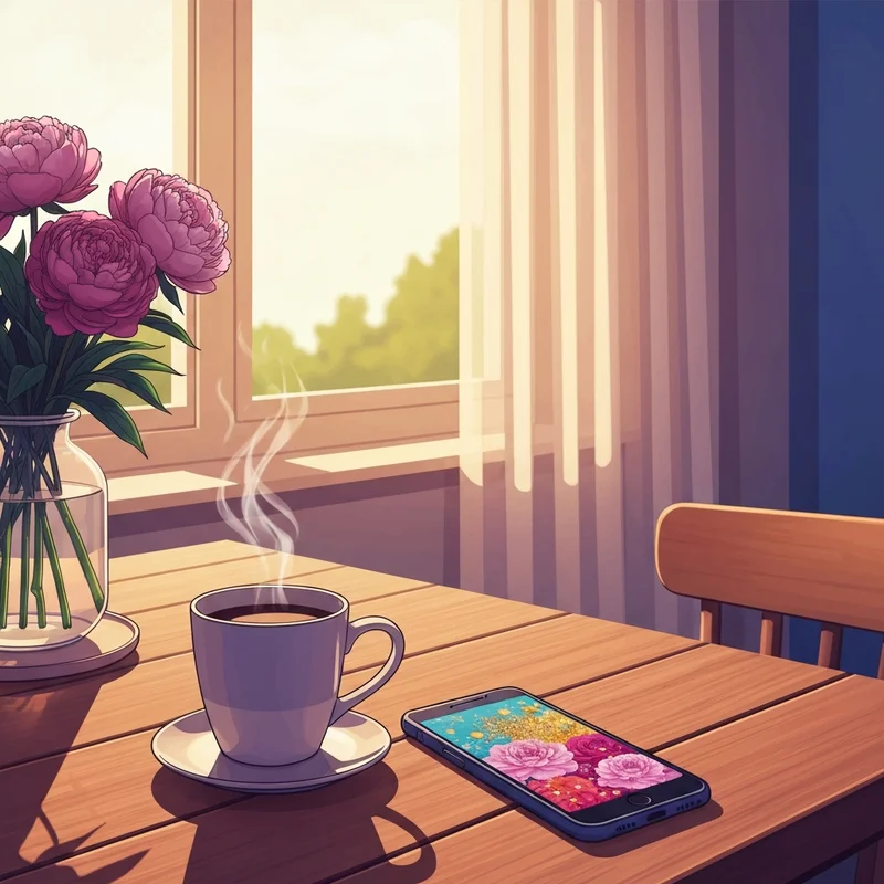 A vibrant good morning friends gif displayed on a modern smartphone screen in a peaceful morning setting.
