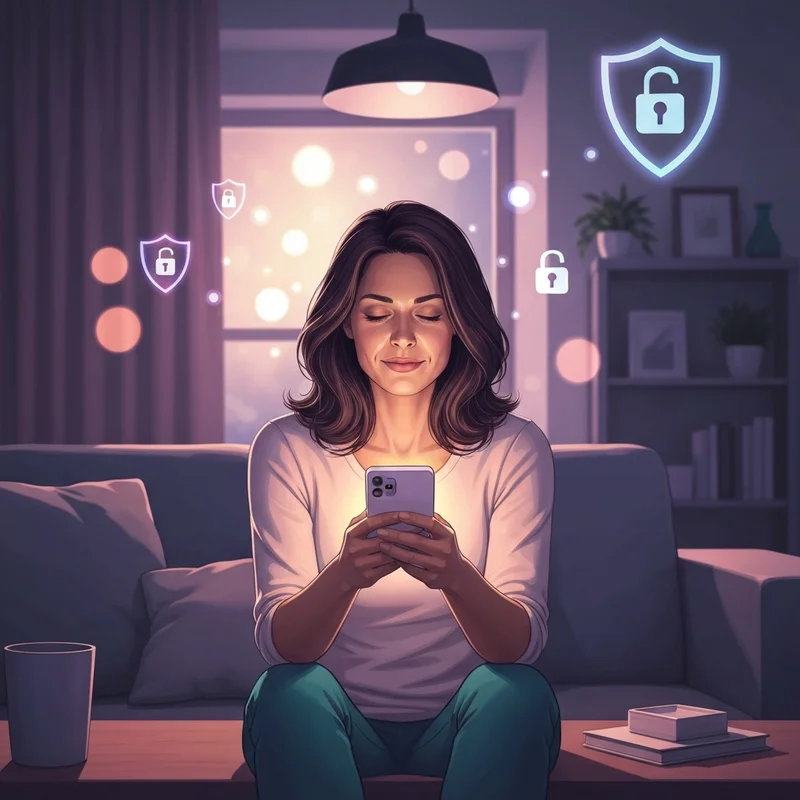 A woman comfortably adjusting her settings to learn how to hide friends list on facebook for digital privacy.