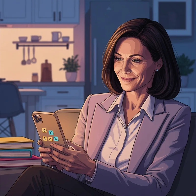 A woman playing a game on her phone, curious about the company that owns words with friends.