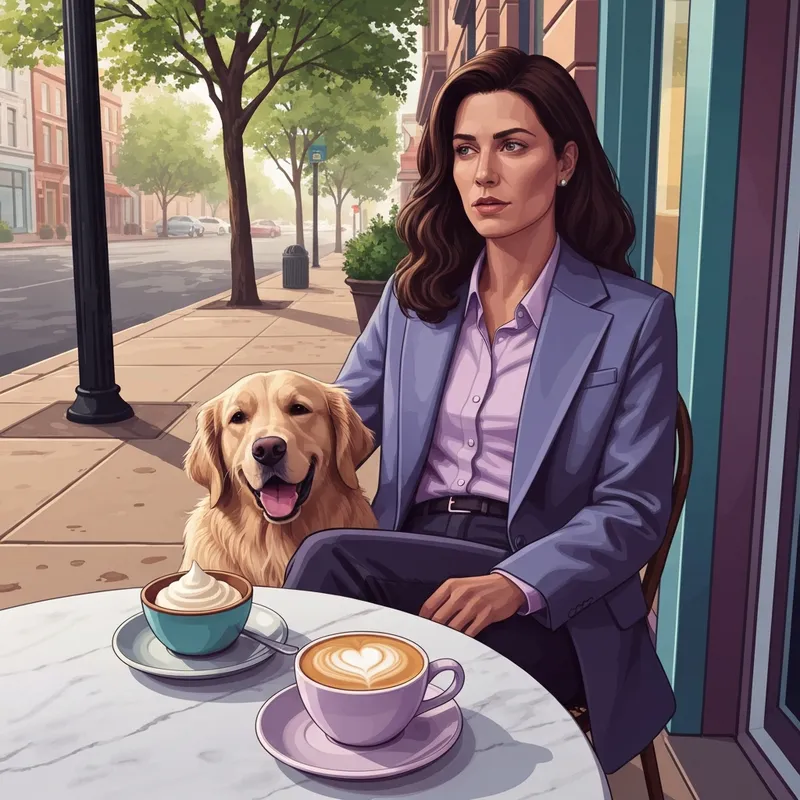 A peaceful morning at a dog friendly cafe near me with a happy dog and a latte on a sunny patio.