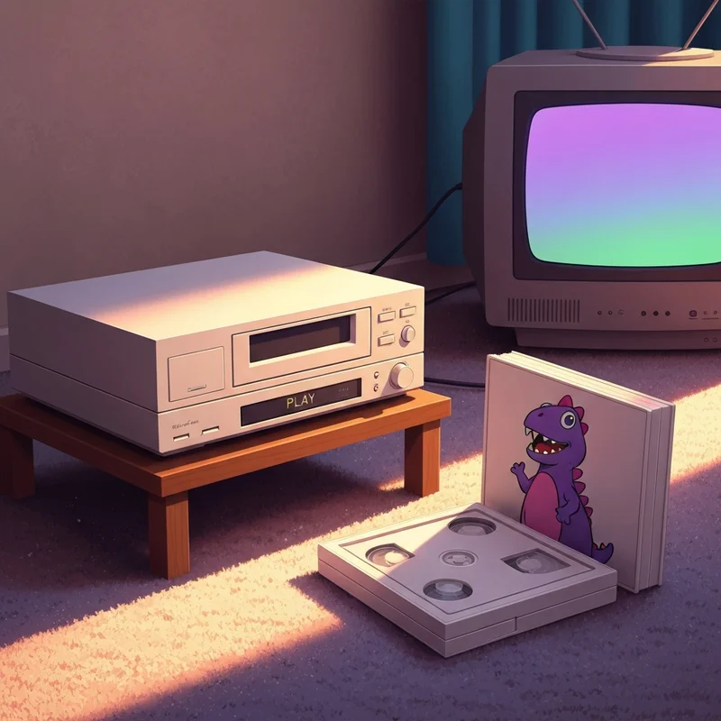 A nostalgic 90s living room featuring a Barney and Friends VHS tape and a vintage VCR.