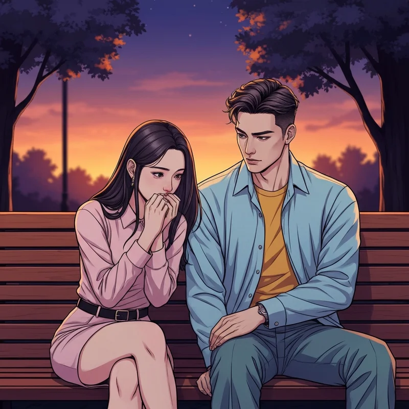 Two main characters from Childhood Friend Complex Chapter 42 sharing an intimate moment under a sunset sky.