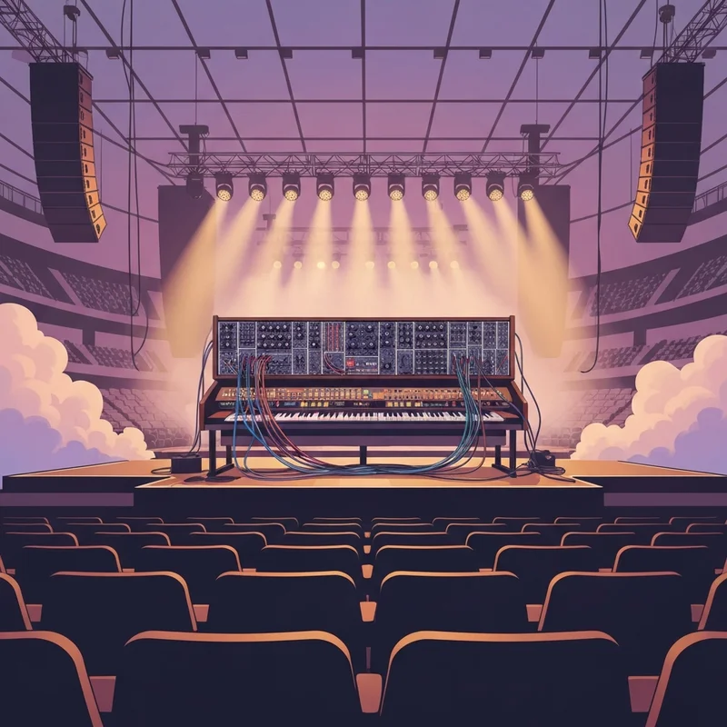 A vintage concert stage representing the classic lyric welcome back my friends to the show that never ends.