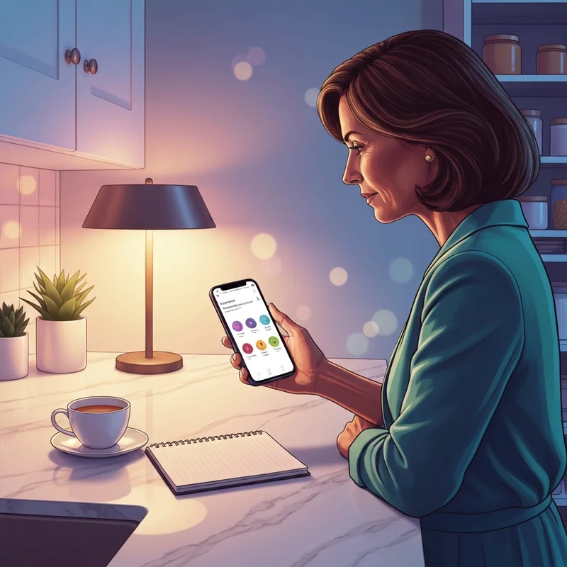 A woman strategically planning her household budget using the tops friendly markets weekly ad on her smartphone in a calm kitchen environment.