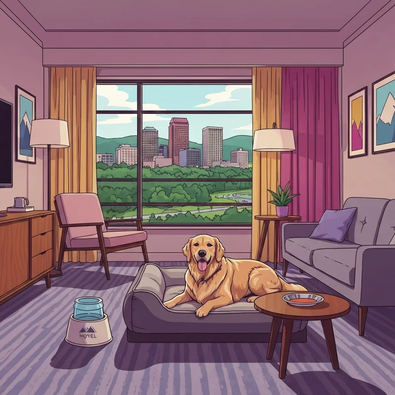 A golden retriever resting in one of the luxury pet friendly hotels boise idaho overlooking the city skyline.