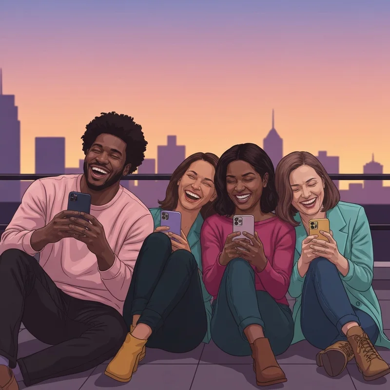 A group of friends laughing together on a rooftop while looking at their phones, illustrating the bond created by a unique nickname for best friend group identities.